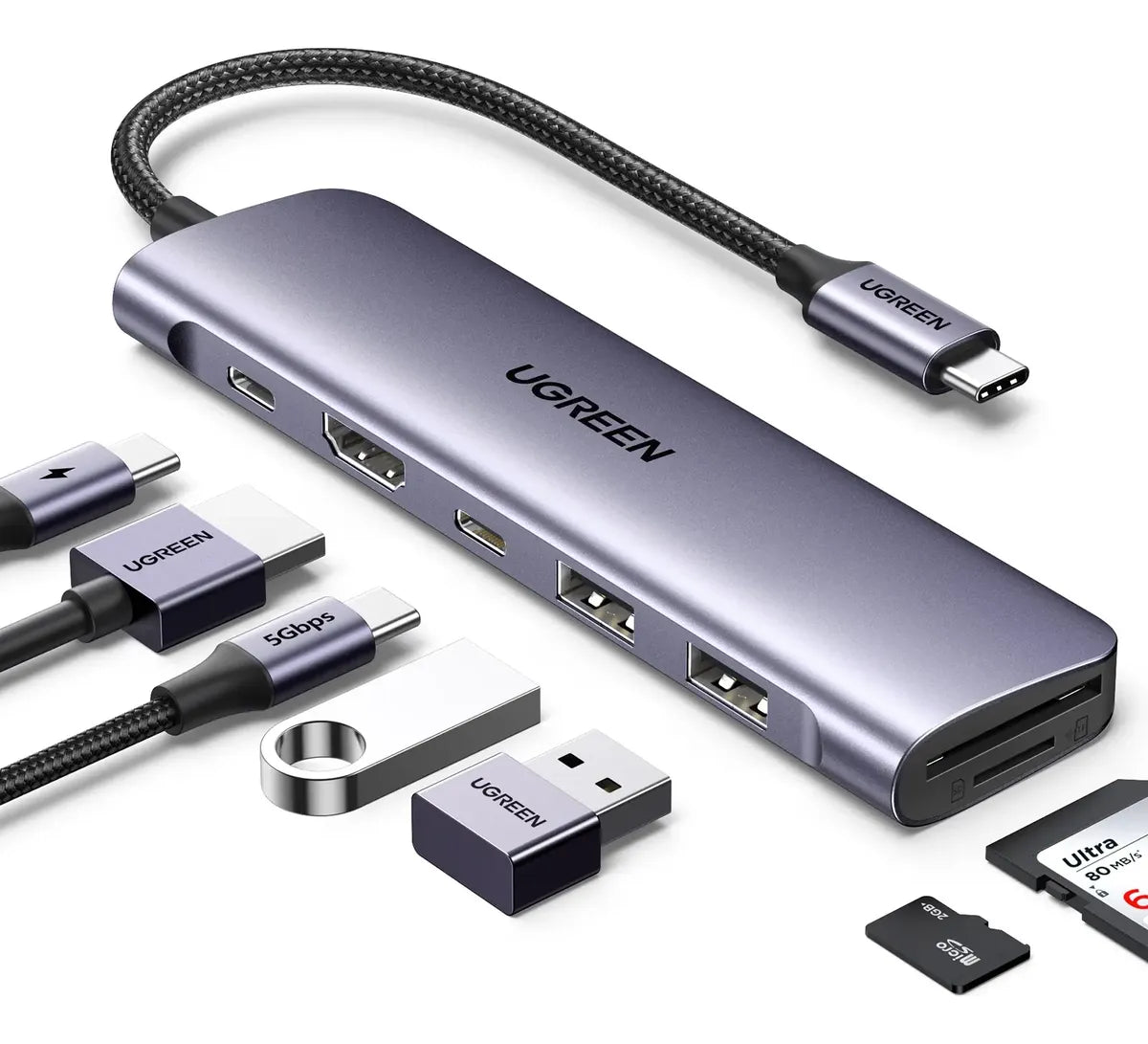 Hub Multipuerto Usb C 7 En 1 Hdmi 4k Usb 3,0 Sd 100w Ugreen Plateado