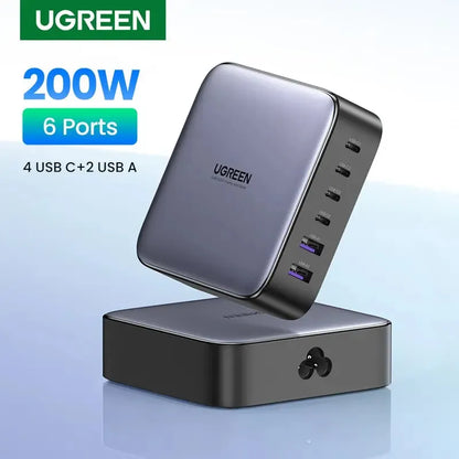 Cargador Premium 6 En 1 Usb-c X4 Usb X2 Alumino 200w Ugreen Negro