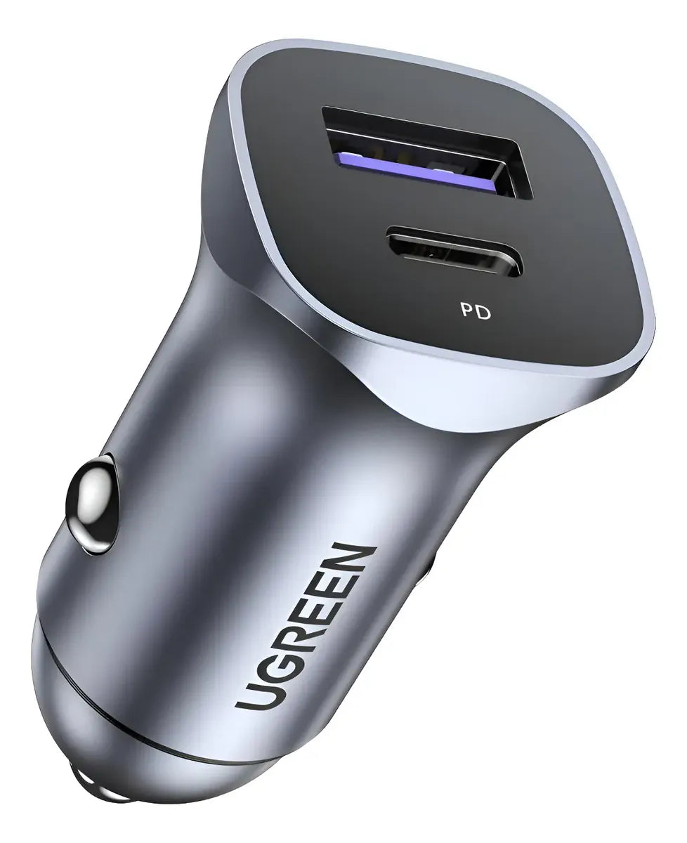 Cargador Auto Carga Rapida 2 Puertos Usb + Usb-c 30w Ugreen Gris