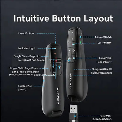 Control Presentador Puntero Laser Usb Y Usb C Rojo Vention Negro
