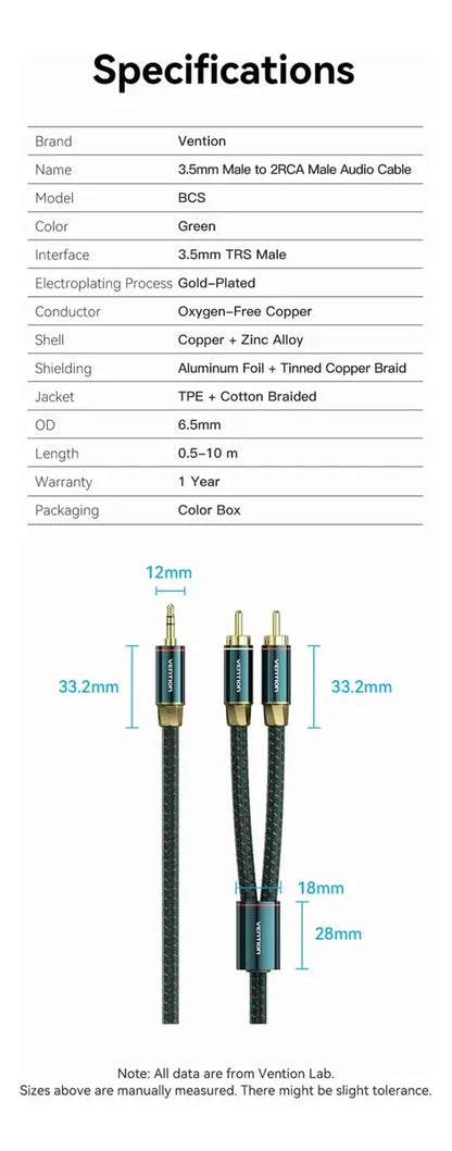 Cable Audio Aux 3,5 A 2rca Alta Calidad Verde 1m Vention