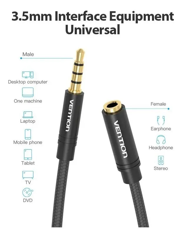 Cable Extensor Audio Auxiliar Plug 3,5 Mm 0,5 Metros Vention