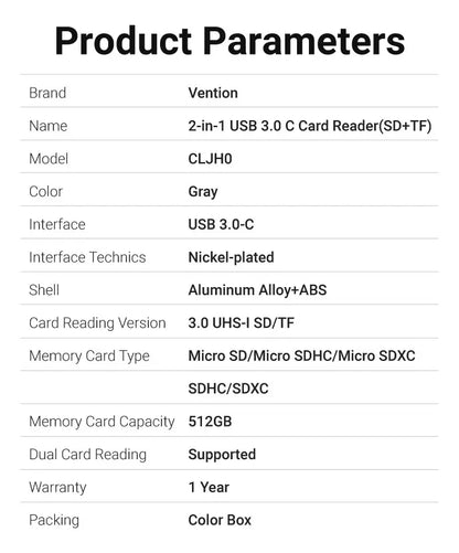 Lectora Tarjeta - 2 En 1 - Usb-c + Usb Sd Tf Dual - Vention