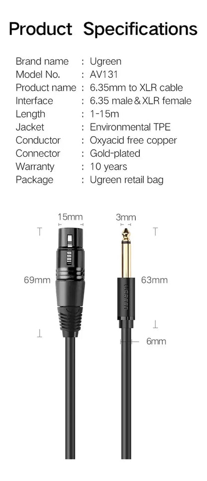 Cable Para Microfono Audio 6,5mm Cannon Xlr Hembra 2m Ugreen