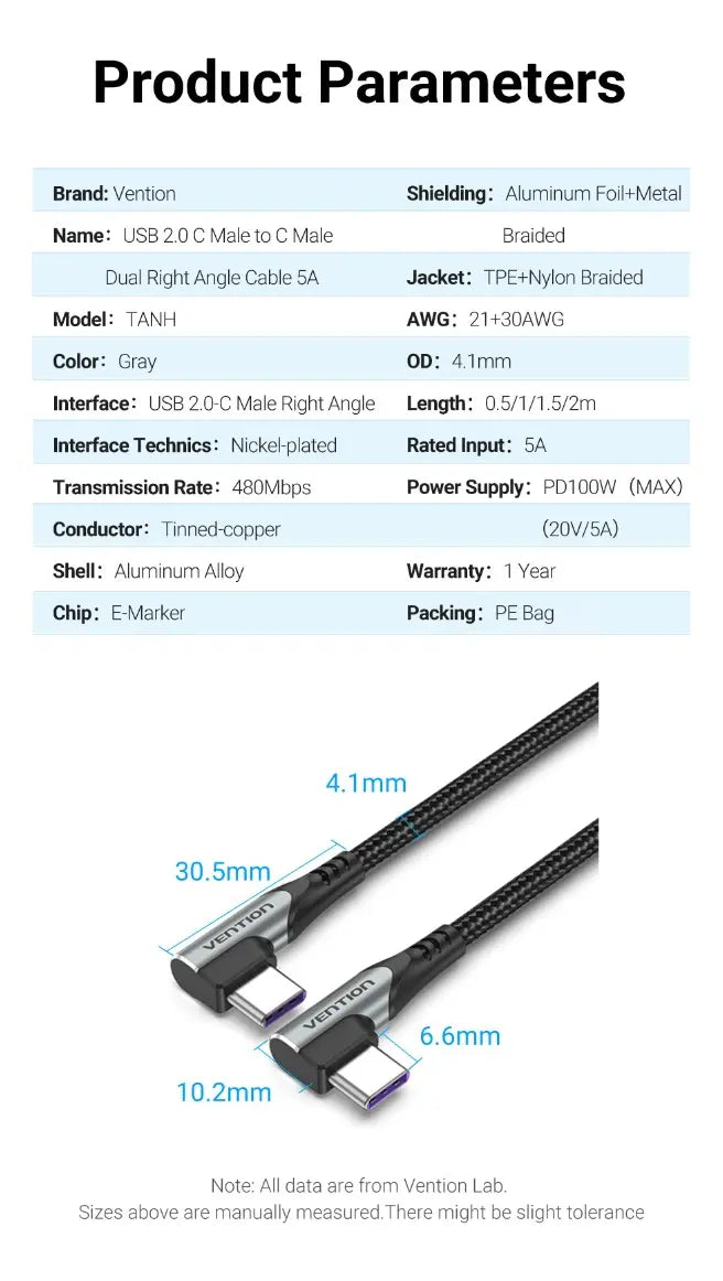 Cable Usb C 90° L Trenzado Carga Rapida Y Datos 1,5m Vention Negro