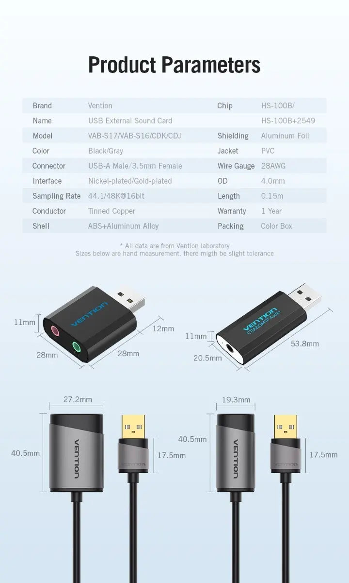 Usb Tarjeta De Sonido Externa 2,1 Canales Jack 3,5mm Vention Negro