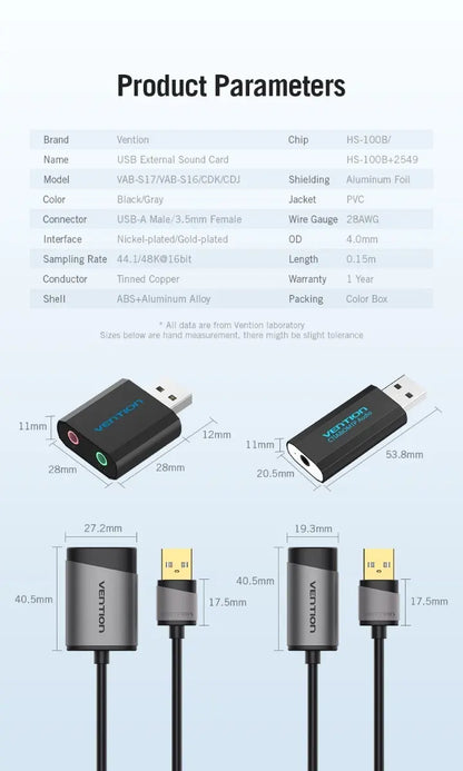Usb Tarjeta De Sonido Externa 2,1 Canales Jack 3,5mm Vention Negro