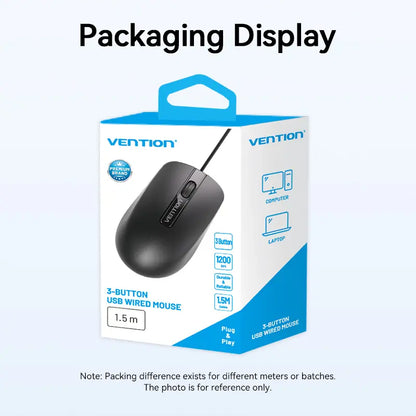 Mouse Optico Vention Usb Cable 1200 Dpi Oficina 1,5 Metros Negro
