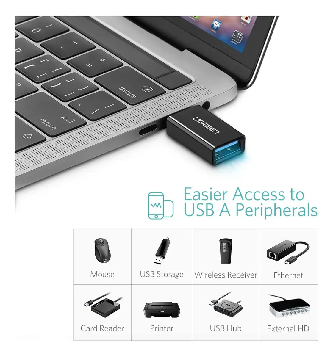 Adaptador Otg Usb 3,0 Hembra A Usb C Macho Ficha Ugreen Negro
