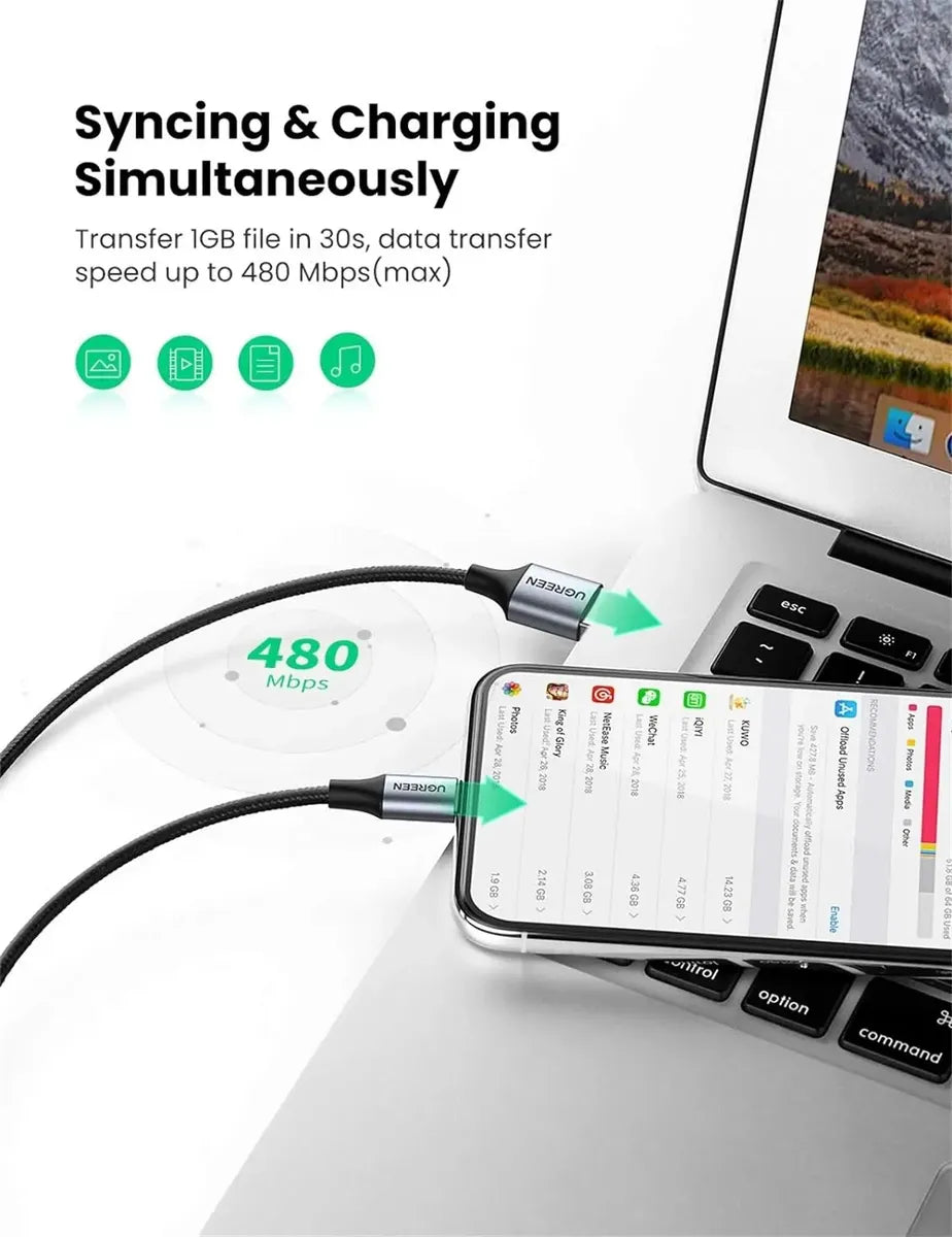 Cable Usb A Lightning Para iPhone Plateado 2,4a 2m Ugreen