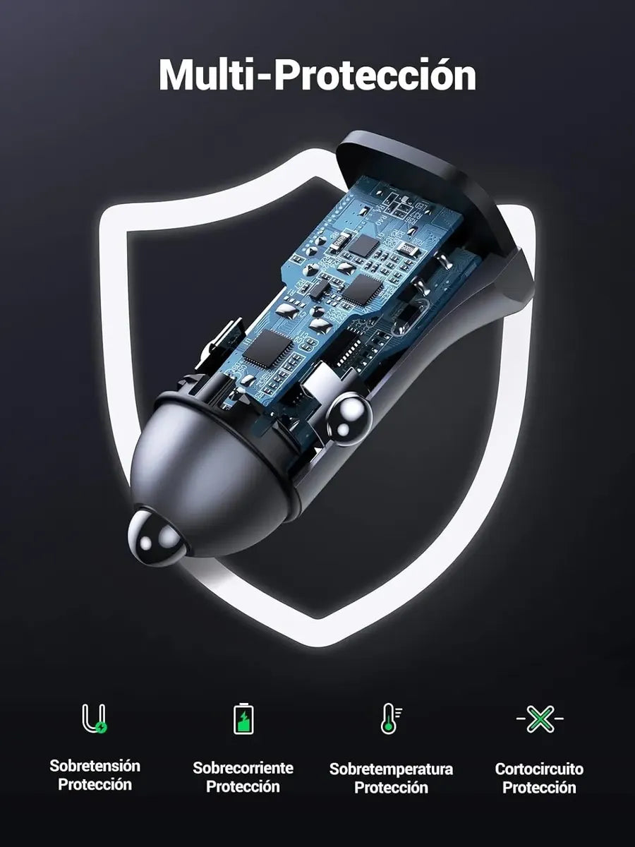 Cargador Auto Carga Rapida 2 Puertos Usb + Usb-c 30w Ugreen Gris