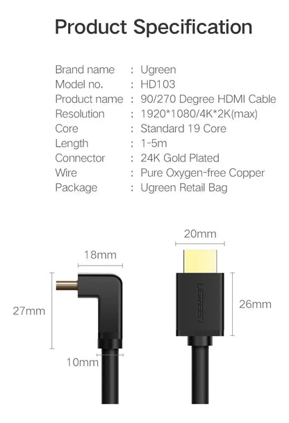 Cable Hdmi Premium De Ángulo Recto 90° 1m 4k @60hz Ugreen