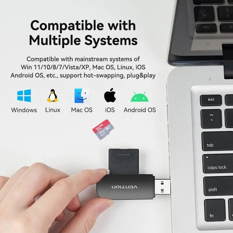 Lectora De Tarjeta - 2 En 1 - Usb 3,0 - Sd Tf Single Vention Negro