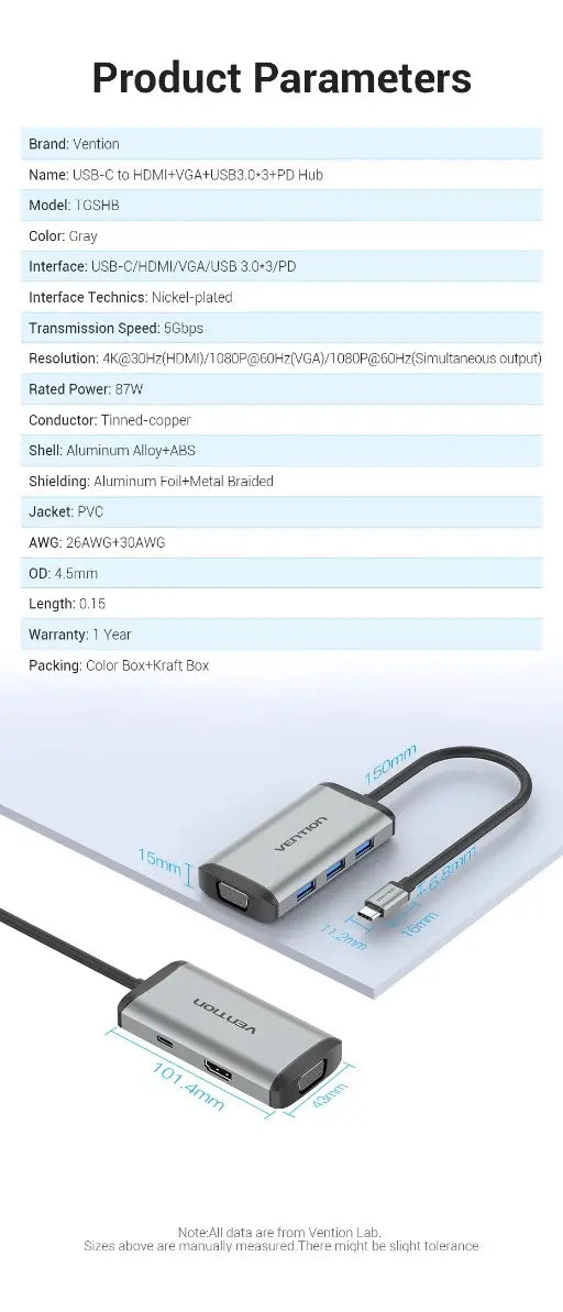 Hub Multipuerto 6 En 1 Usb C Vga Hdmi Usb 3,0 X3 Vention Gris