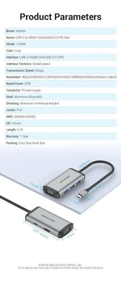 Hub Multipuerto 6 En 1 Usb C Vga Hdmi Usb 3,0 X3 Vention Gris
