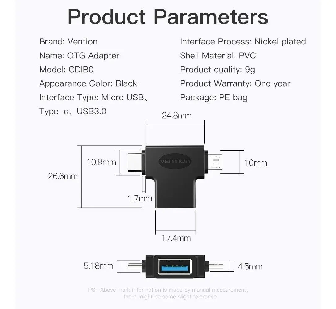 Doble Adaptador Usb 3,0 A Usb Tipo C Y Micro Usb Vention Negro