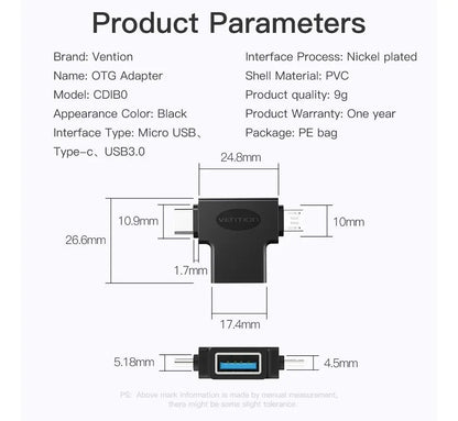 Doble Adaptador Usb 3,0 A Usb Tipo C Y Micro Usb Vention Negro