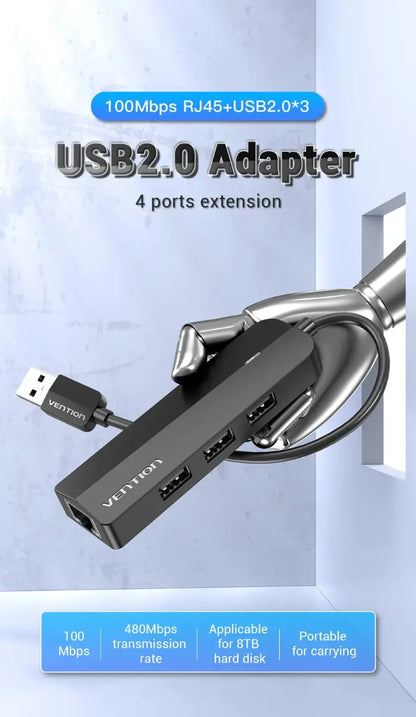 Hub Multipuerto 4 En 1 - Usb A Usb 2,0 Micro-b Rj45 Vention Negro