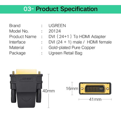 Adaptador Hdmi Hembra A Dvi 24 + 1 Macho Negro Ugreen
