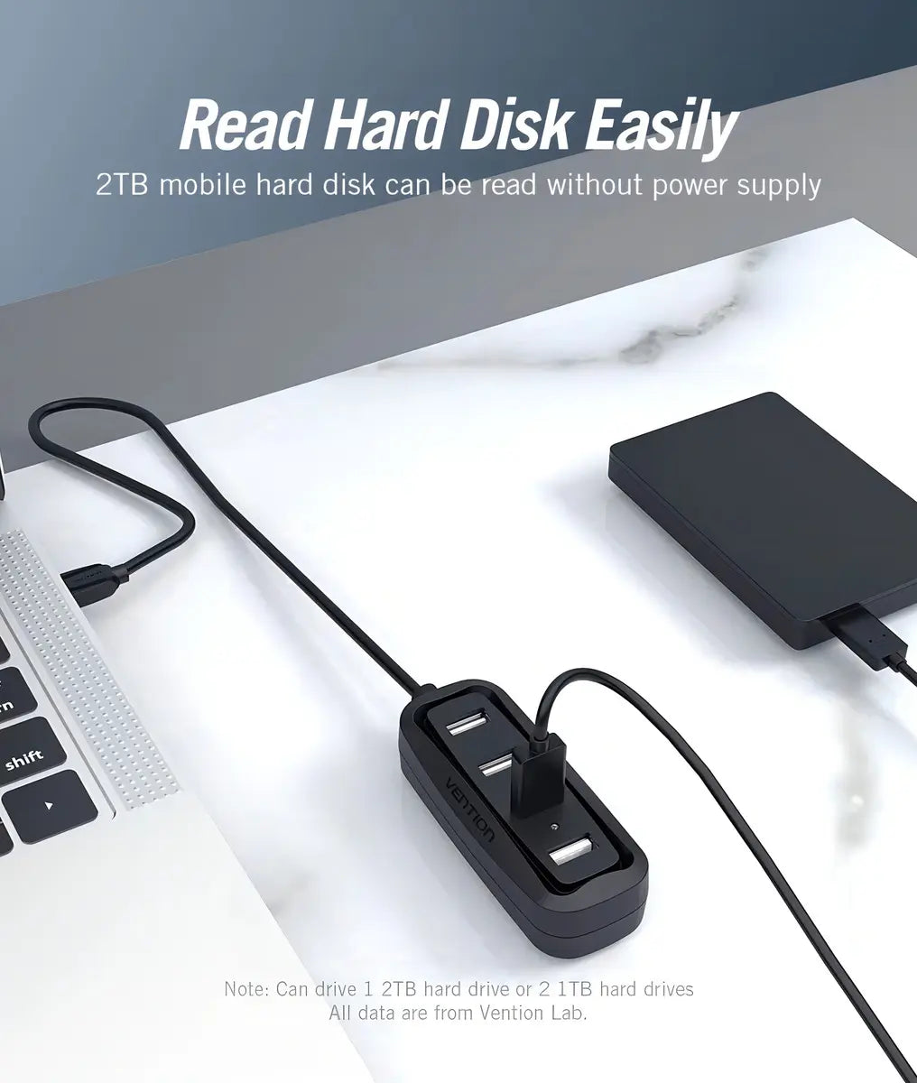 Hub Premium Usb 4 Puertos 2,0 Con Cable De 15cm Vention Negro