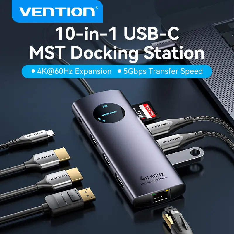 Hub Docking 10 En 1 Usb C Monitor Extendido Mst Vention Gris Oscuro