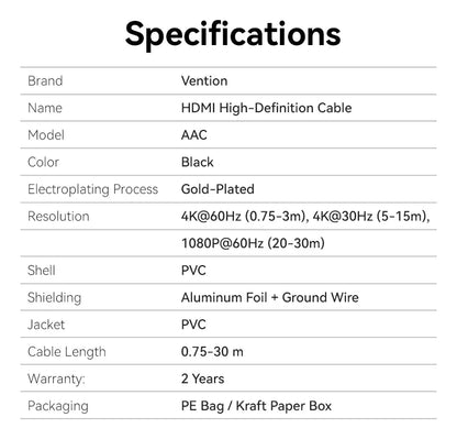 Cable Hdmi 2,0 3d Arc 1080 Certif 4k 75cm 18 Gbps Vention