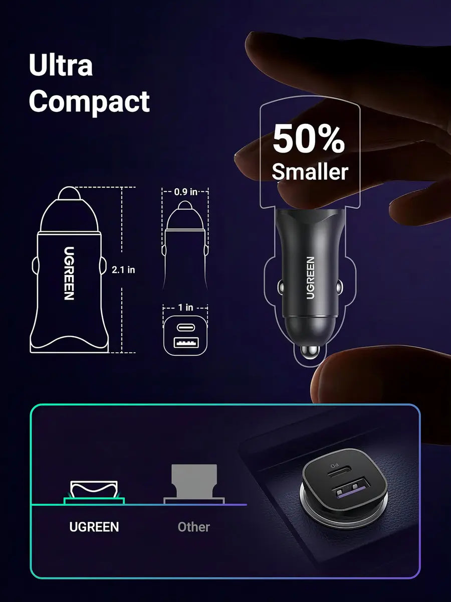 Cargador Para Auto Dual Usb + Tipo C 30w Carga Rapida Ugreen Negro