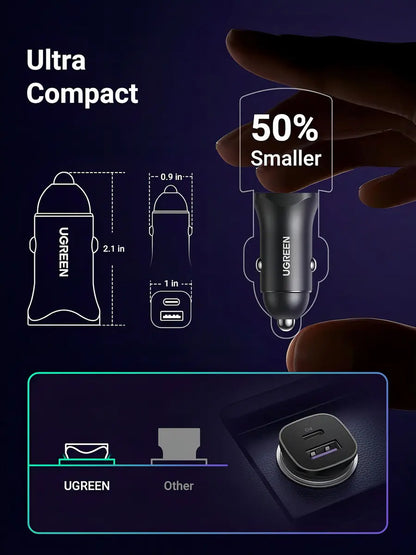 Cargador Para Auto Dual Usb + Tipo C 30w Carga Rapida Ugreen Negro