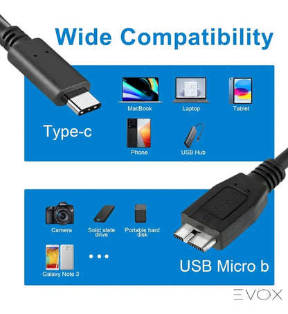 Cable Usb C A Micro B Evox 0,50 Cm Pc Disco Rigido Externo Negro