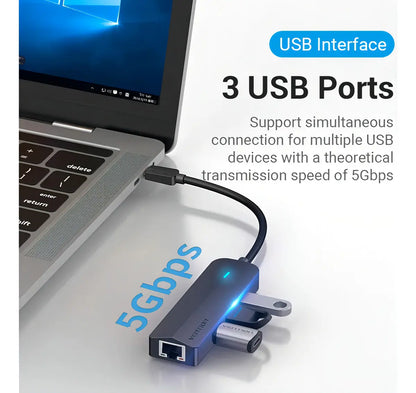 Hub Usb C A Usb 3,0 X3 Rj45 Ethernet Disco Usb C Pd Vention