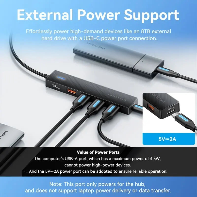 Hub Usb Tipo A 3,2 Otg 5 En 1 10gbps 15cm Para Disco Vention Negro
