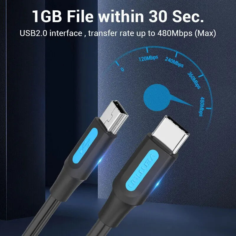 Cable Usb Mini B 2,0 De Datos Para Camara Pvc 2a 1m Vention Negro