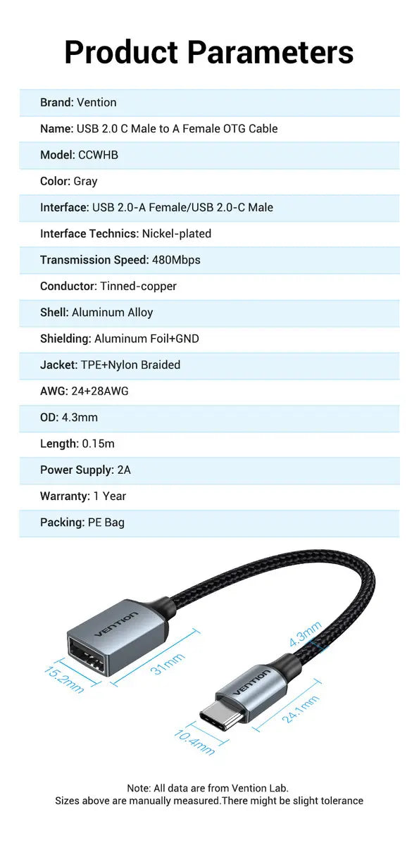 Cable Adaptador Usb-c A Usb 2,0 Hembra 2a 0,15 Cm Vention Negro
