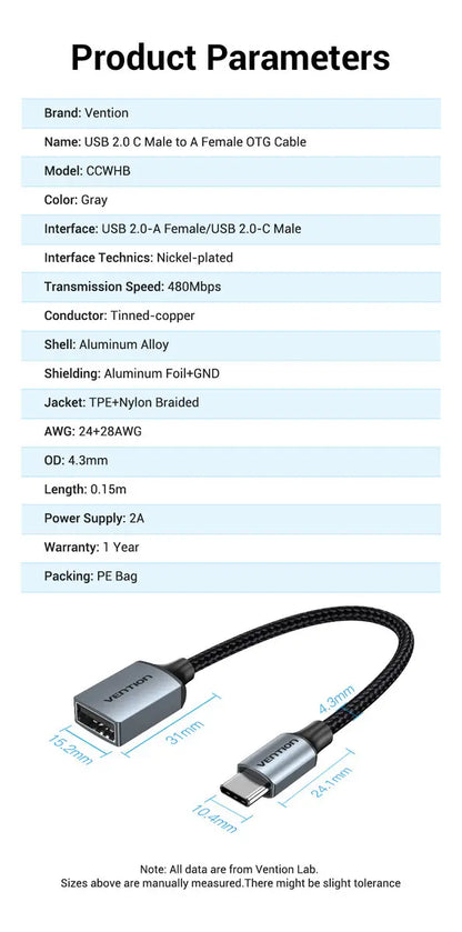 Cable Adaptador Usb-c A Usb 2,0 Hembra 2a 0,15 Cm Vention Negro