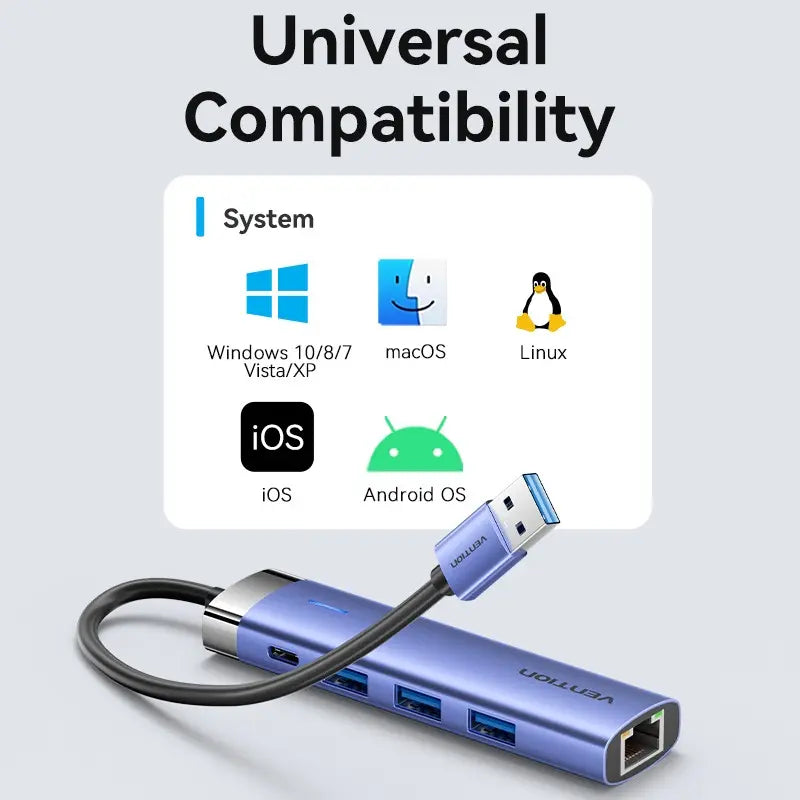 Hub Multipuerto Usb 3,0 - 5 En 1 - Usb C - Rj45 Vention Plateado