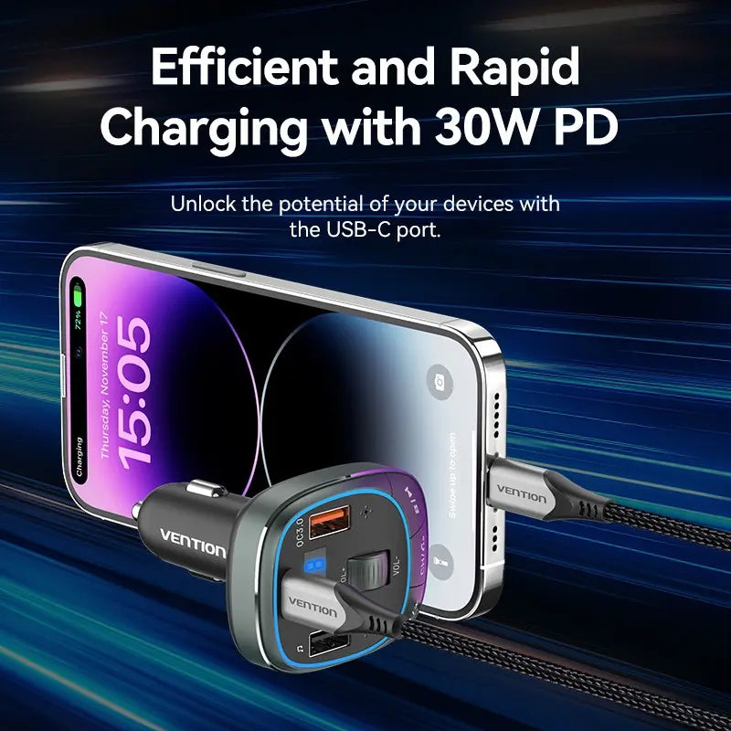 Cargador Usb Para Auto Celular Carga Rapida 30w Bluetooth Negro