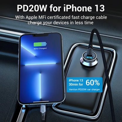Cargador De Celular Para Auto Usb-c Usb 18w 20w Mfi Vention Gris Oscuro