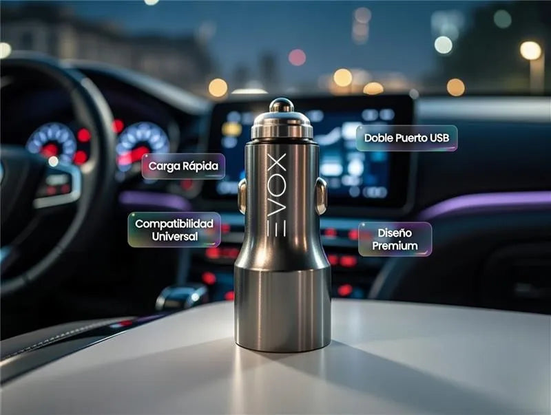 Cargador Celular Auto Evox Carga Rapida 12v Dual Usb + Usb C Gris