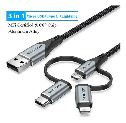 Cable Usb 3 En 1 Micro Usb + Usb C Lightning 1,5 M Vention Negro