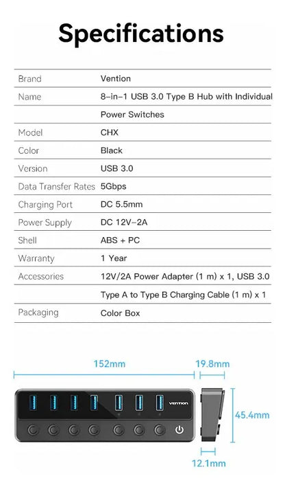 Hub Usb 3,0 7 En 1 Con Switch Encendido Con Fuente Vention Negro