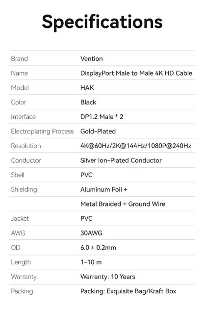 Cable Display Port 4k 60hz G-sync Freesync 5 Metros Vention