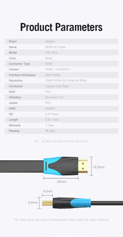 Cable Plano Hdmi 2,0 Certificado 4k Hdr Arc 1,5 M Vention