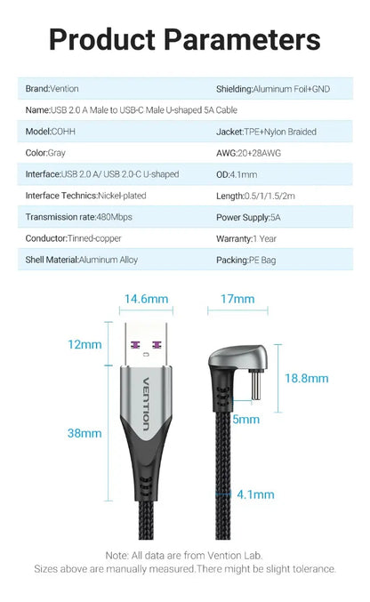 Cable Carga Rapida - 180° - Usb-c 2,0 - 5a - 66w 2m Vention