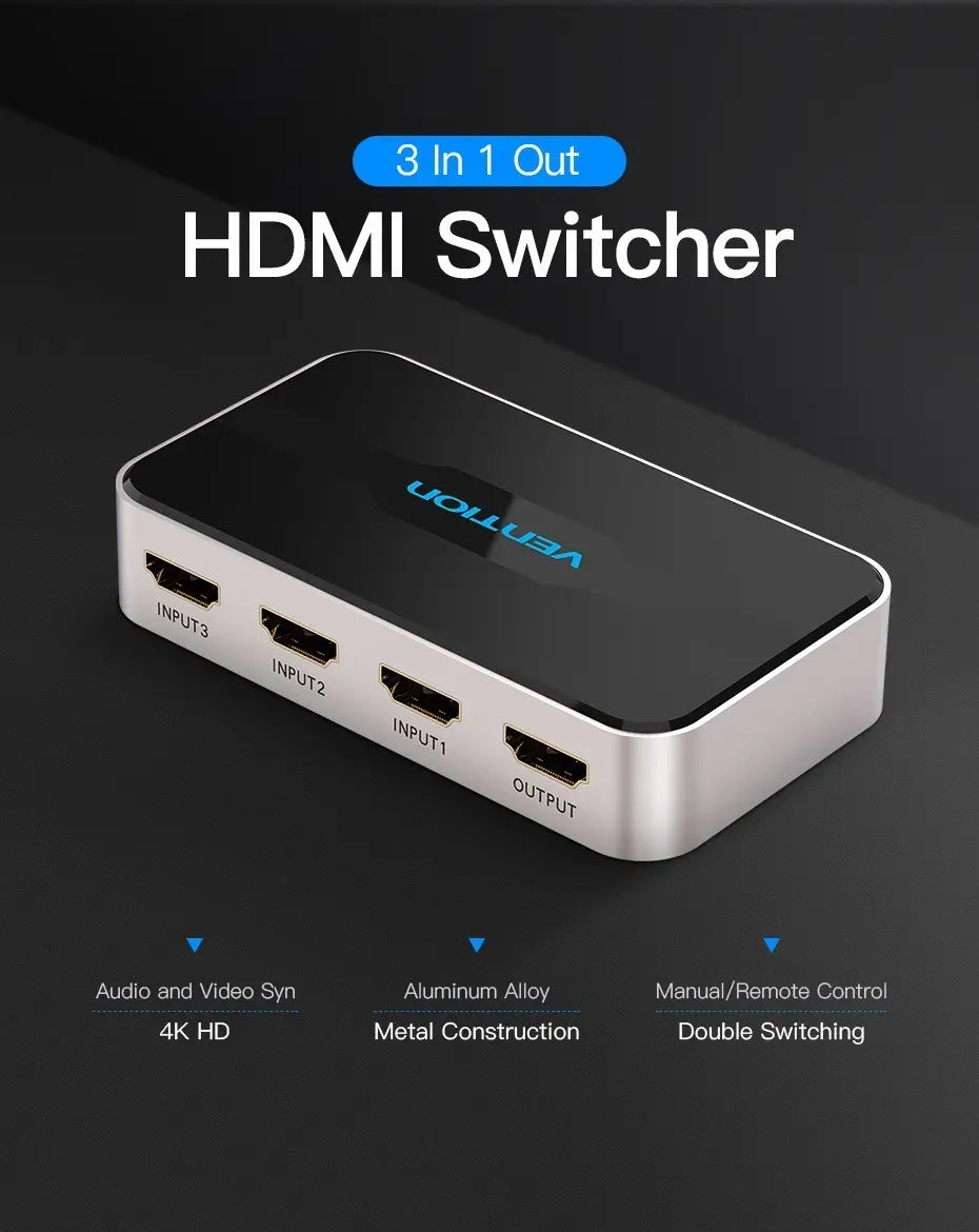 Switch Hdmi 3 In 1 Out Switcher 4k 30hz 10 Gbps Vention