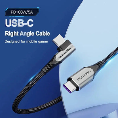 Cable Usb-c 90° Macho A Usb-c Macho 1,5m Mallado Vention Negro