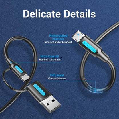 Cable Usb-c + Usb 2 En 1 A Usb-c 3a 60w 20v 1m Vention Negro