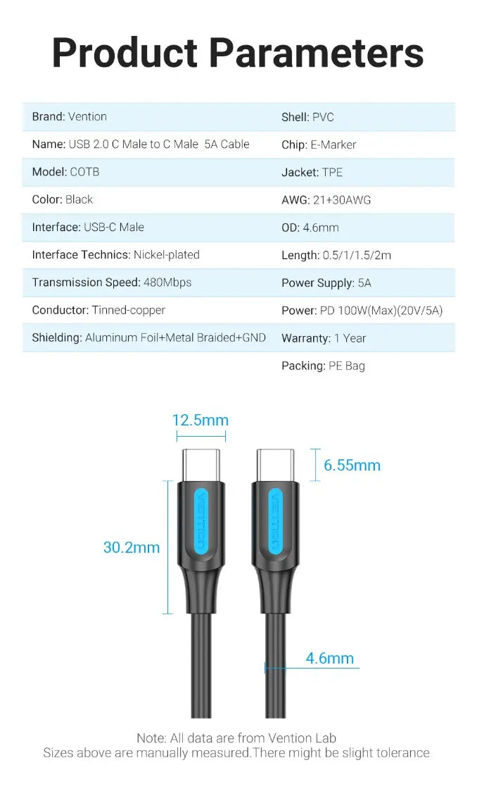 Cable Carga Rapida Datos Celular Usb-c A Usb-c 2m Vention Negro