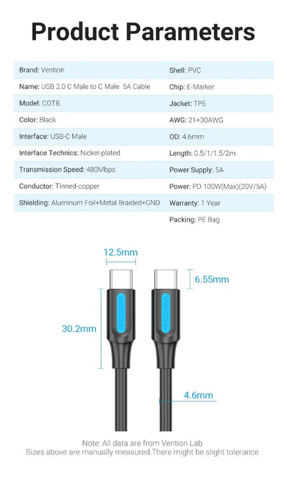 Cable Carga Rapida Datos Celular Usb-c A Usb-c 2m Vention Negro