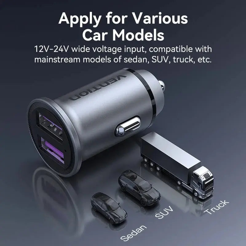 Cargador Auto Doble Puerto Usb 12v 24v Carga Rapida Vention Negro