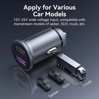 Cargador Auto Doble Puerto Usb 12v 24v Carga Rapida Vention Negro